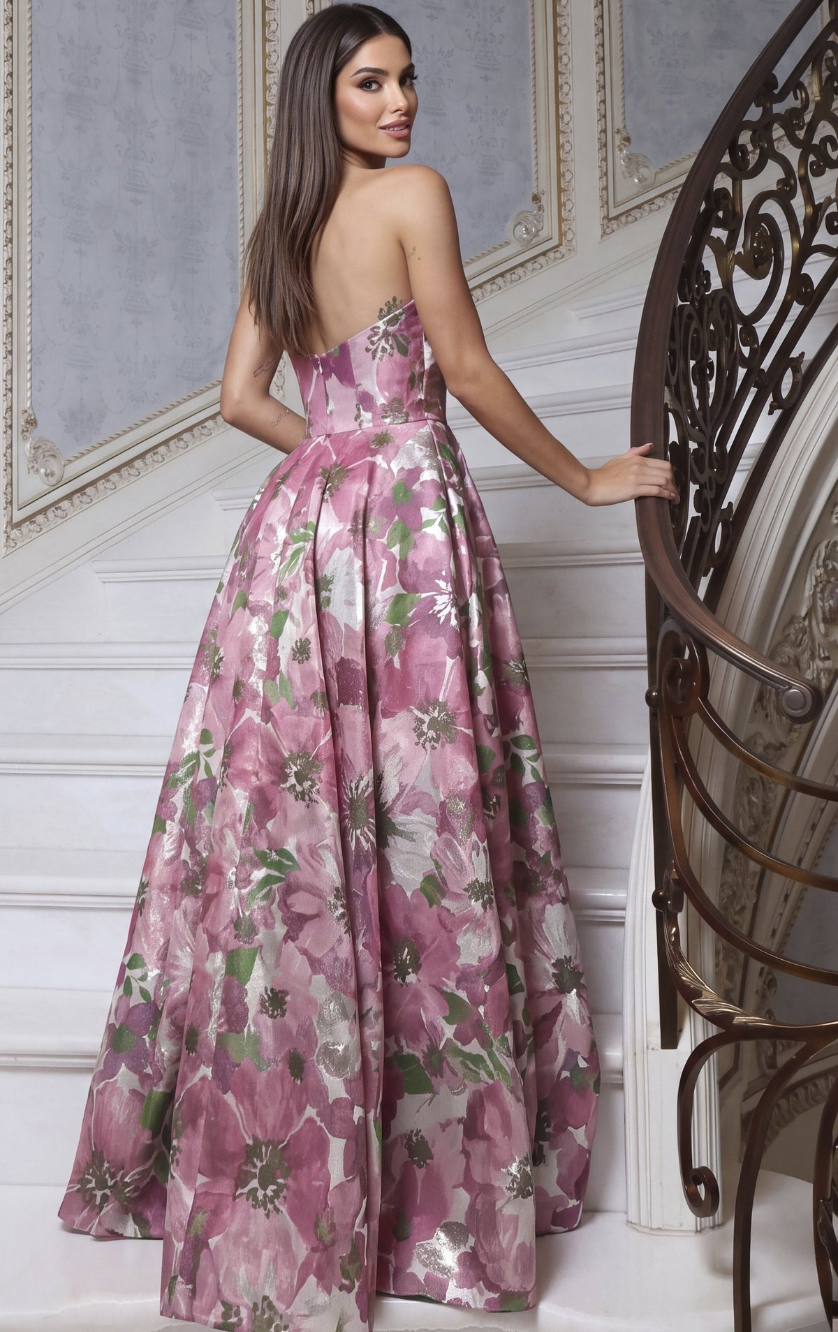 Jovani Evening Dress Pink Floral Floral Strapless Pattern A Line Gown - Jovani 55284