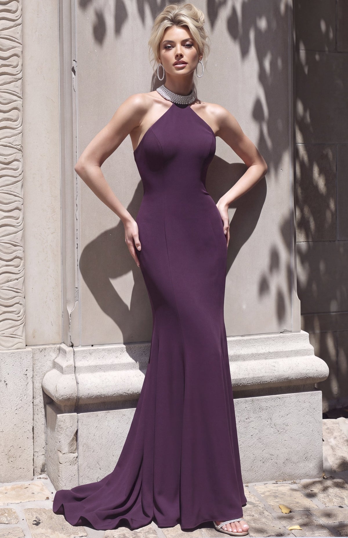 Jovani Evening Dress Plum Halter Mermaid Evening Gown - Jovani 51802