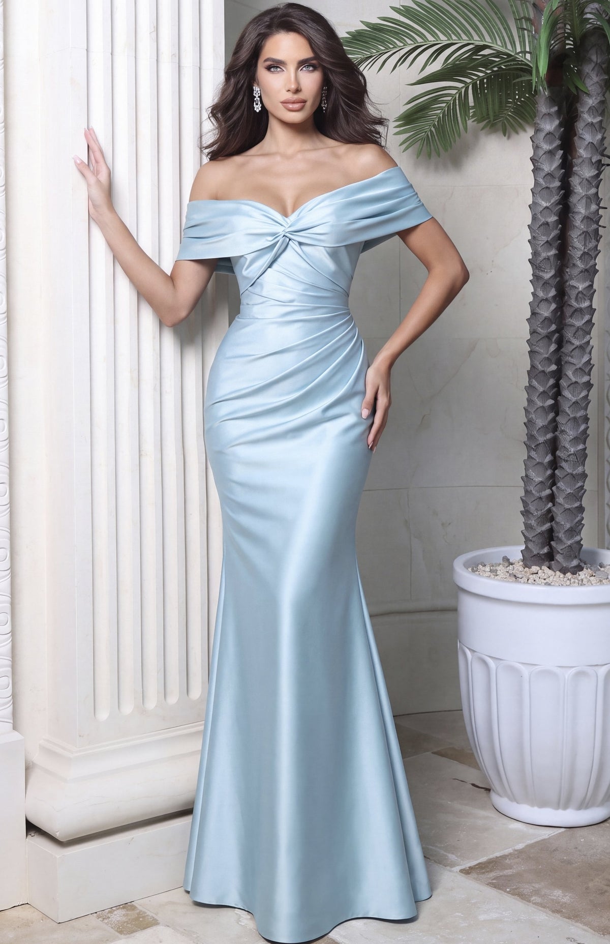 Jovani Evening Dress Powder Blue Off Shoulder Twisted Bust Trumpet Gown - Jovani 54629