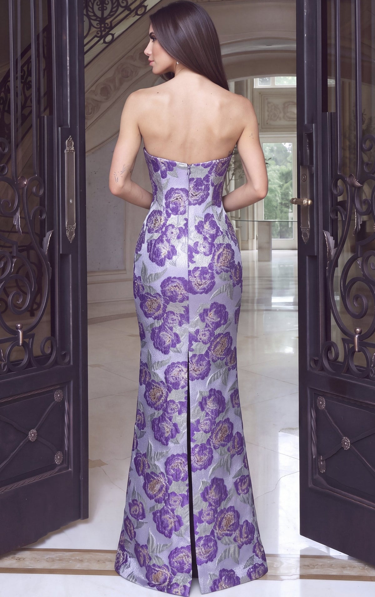 Jovani Evening Dress Purple/Silver Floral Strapless Column Gown - Jovani 54620