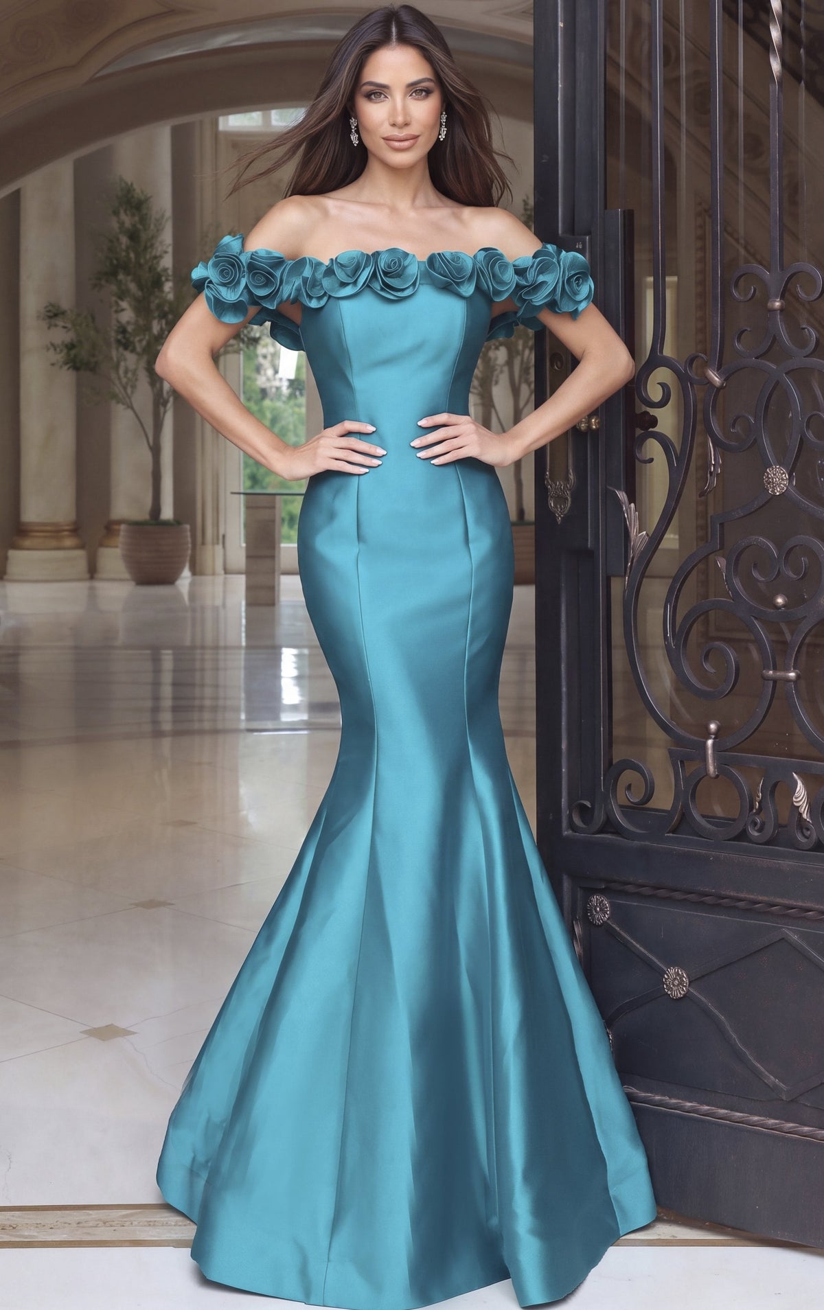 Jovani Evening Dress Teal Teal Off-Shoulder Rosettes Mermaid Gown - Jovani 53638
