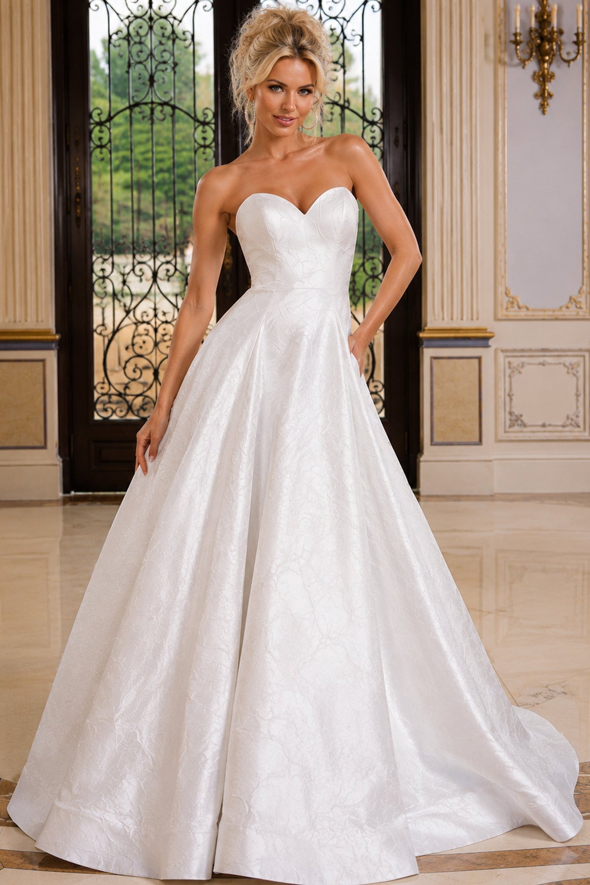 Jovani Evening Dress White Strapless Sweetheart Patterned Ball Gown - Jovani 51695