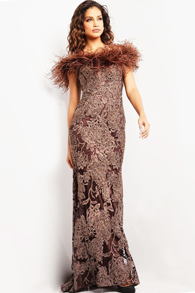 Jovani Evening Dresses Jovani 23030 Brown Lace Off the Shoulder Gown