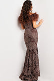 Jovani Evening Dresses Jovani 23030 Brown Lace Off the Shoulder Gown