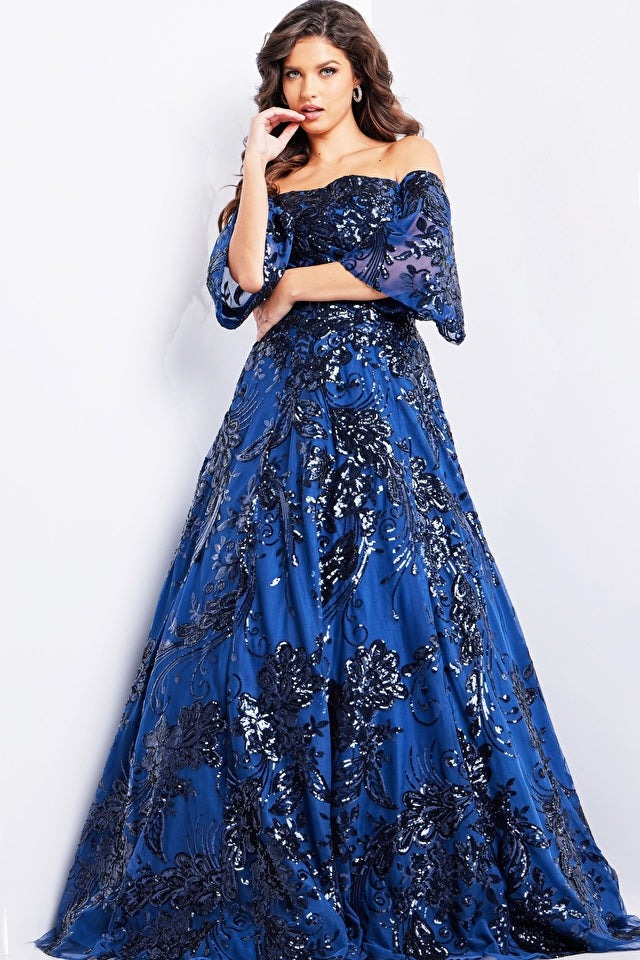 Jovani Evening Dresses Jovani 23765 Navy Off the Shoulder Embellished Gown