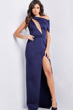 Jovani Evening Dresses Jovani 24017 Navy Illusion Bodice High Slit Dress