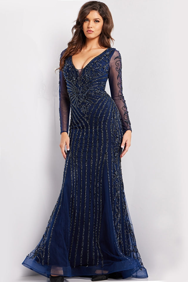 Jovani Evening Dresses Jovani 24236 Navy Beaded Long Sleeve Dress