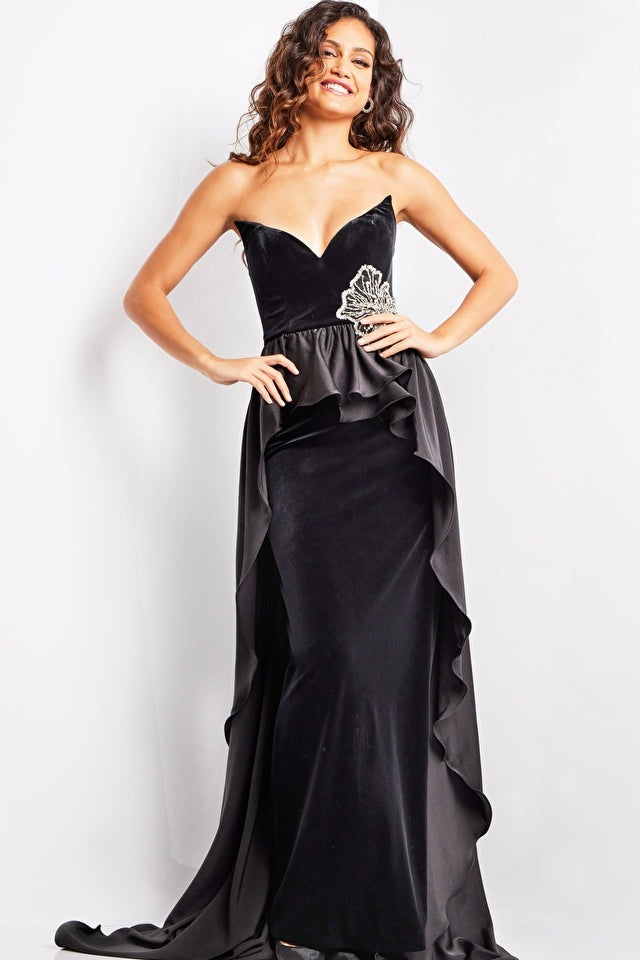 Jovani Evening Dresses Jovani 24631 Black Velvet Strapless V Neck Gown