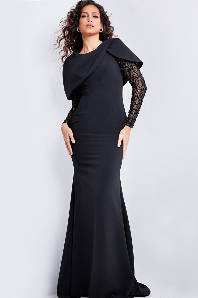 Jovani Evening Dresses Jovani 26062 Black Long Embellished Sleeves Fitted Dress