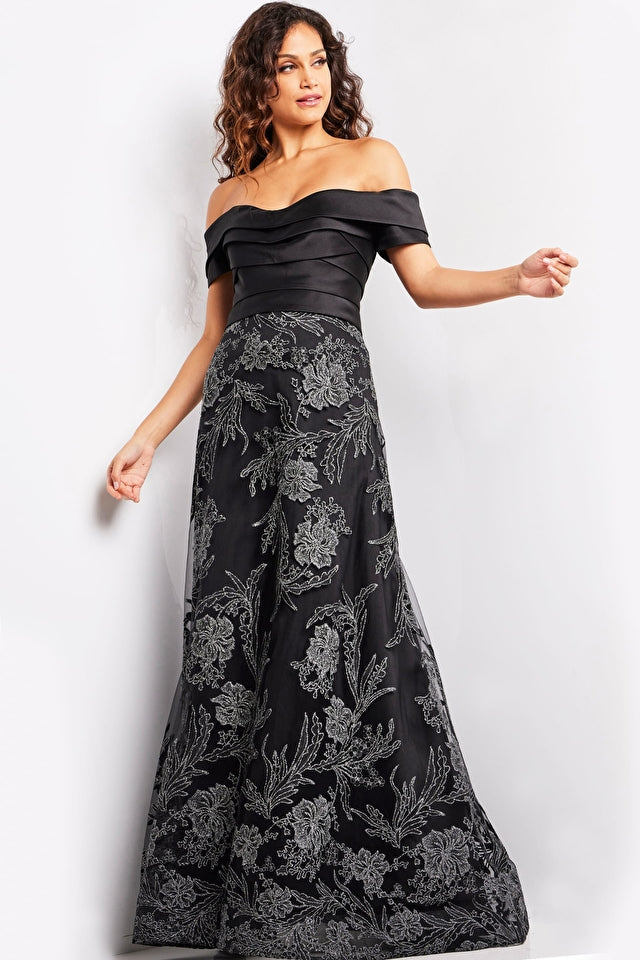 Jovani Evening Dresses Jovani 26186 Black Off the Shoulder A Line Gown