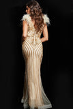 Jovani Evening Dresses Jovani 26224 Gold Beaded Feather Shoulders Gown