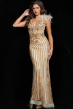 Jovani Evening Dresses Jovani 26224 Gold Beaded Feather Shoulders Gown