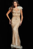 Jovani Evening Dresses Jovani 26224 Gold Beaded Feather Shoulders Gown