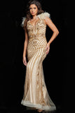 Jovani Evening Dresses Jovani 26224 Gold Beaded Feather Shoulders Gown