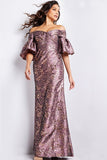 Jovani Evening Dresses Jovani 26258 Brown and Gold Floral Sheath Formal Dress