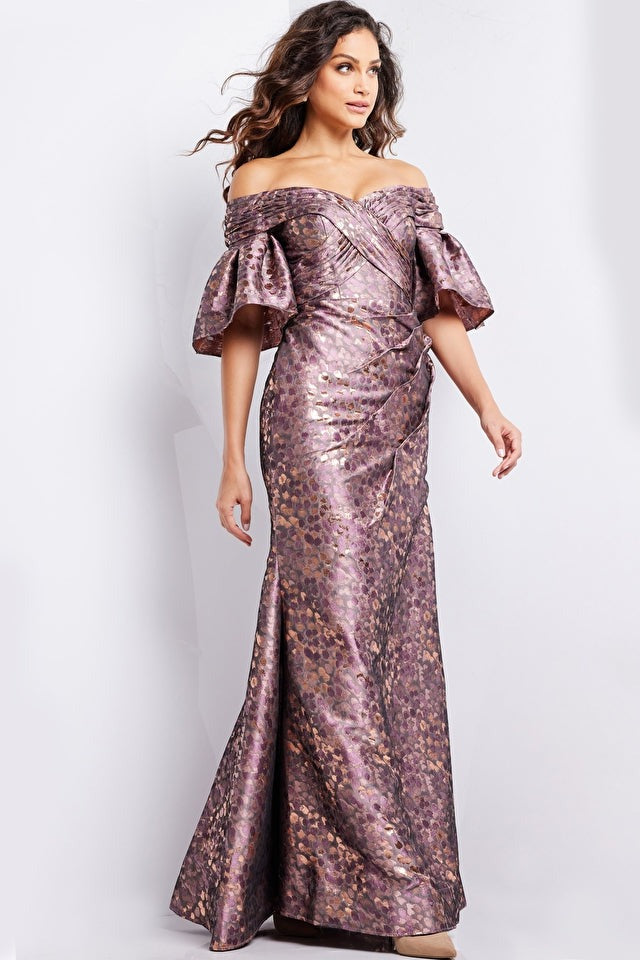 Jovani Evening Dresses Jovani 26258 Brown and Gold Floral Sheath Formal Dress