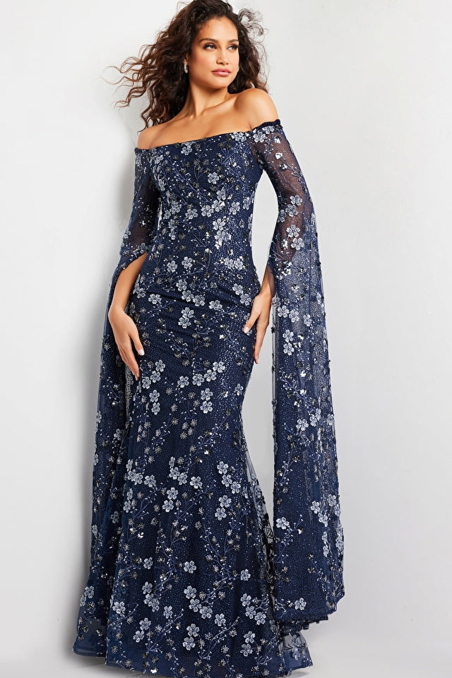 Jovani Evening Dresses Jovani 26330 Navy Off the Shoulder Floral Embroidered Evening Dress