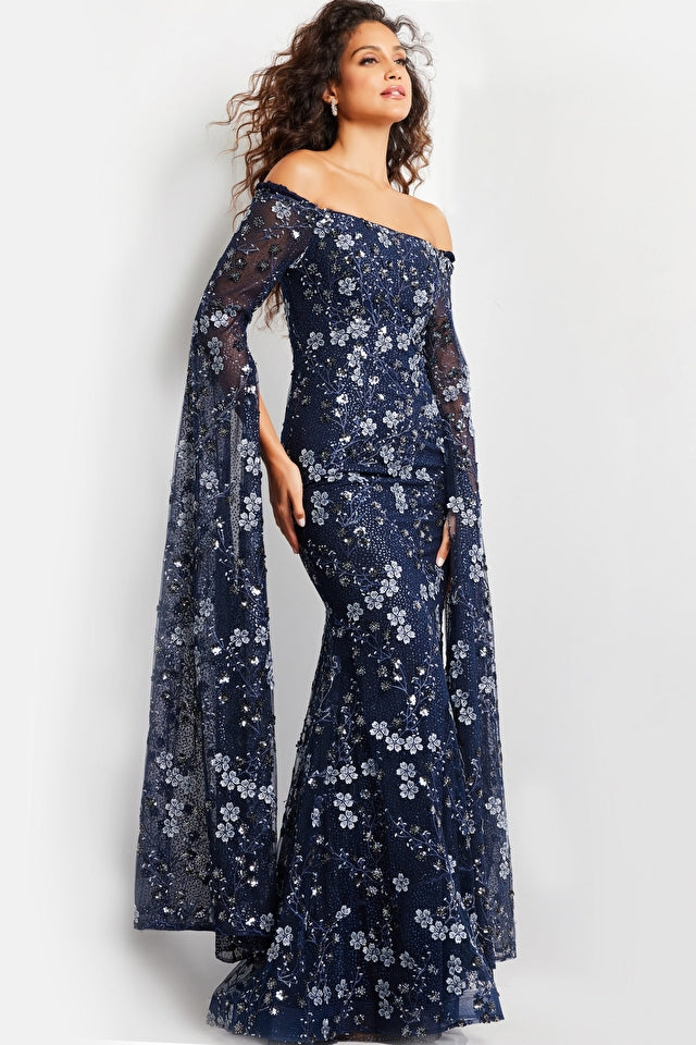 Jovani Evening Dresses Jovani 26330 Navy Off the Shoulder Floral Embroidered Evening Dress