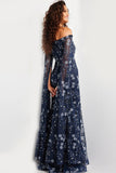 Jovani Evening Dresses Jovani 26330 Navy Off the Shoulder Floral Embroidered Evening Dress