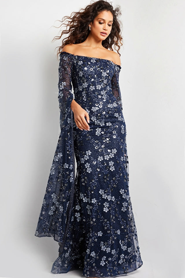 Jovani Evening Dresses Jovani 26330 Navy Off the Shoulder Floral Embroidered Evening Dress