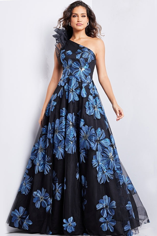 Jovani Evening Dresses Jovani 36717 Navy Black Floral A Line Gown