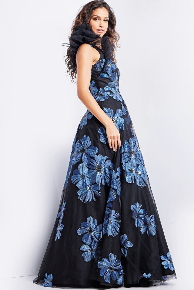 Jovani Evening Dresses Jovani 36717 Navy Black Floral A Line Gown