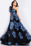 Jovani Evening Dresses Jovani 36717 Navy Black Floral A Line Gown