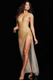 Jovani Evening Dresses Jovani 37200 Gold Beaded Low V Neck Gown