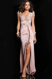 Jovani Evening Dresses Jovani 37572 Blush Embellished Bodice High Slit Dress