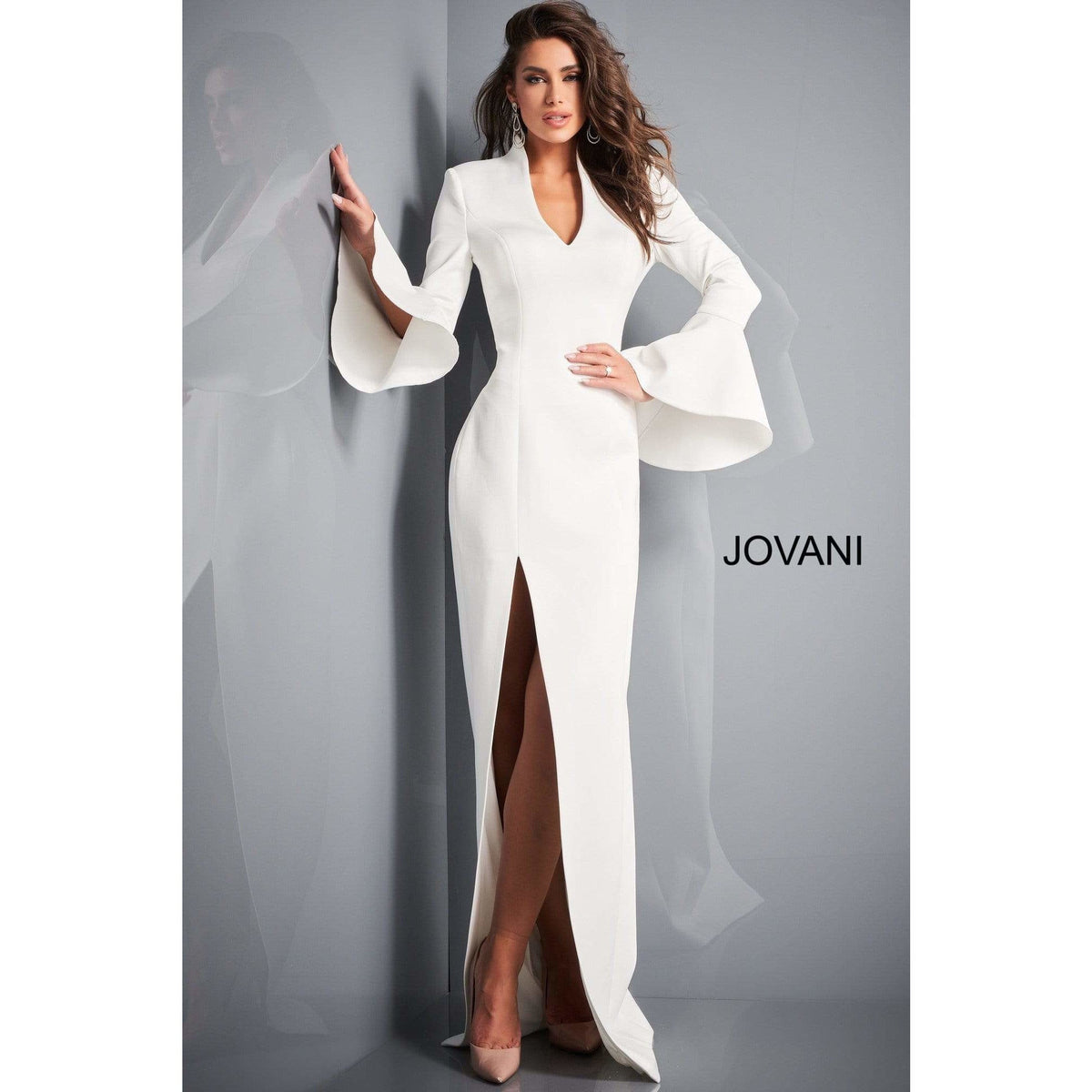 Jovani Evening Gown Jovani 04240 High Slit Bell Sleeve Evening Dress