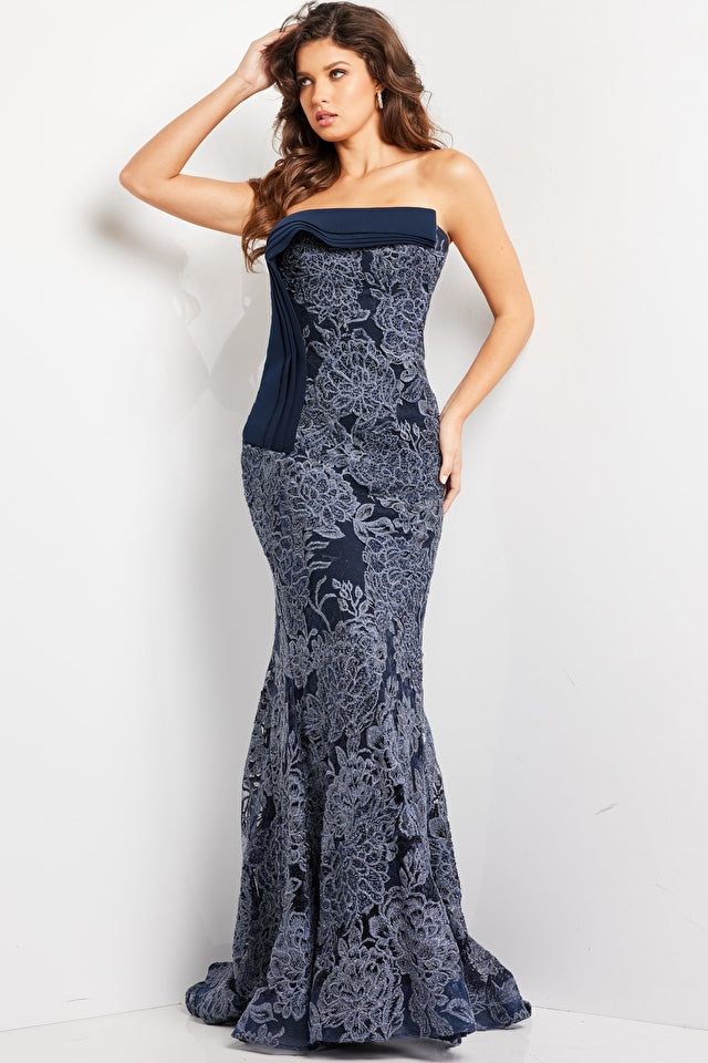 Jovani Evening Gown Jovani 23031 Navy Embellished Lace Strapless Gown