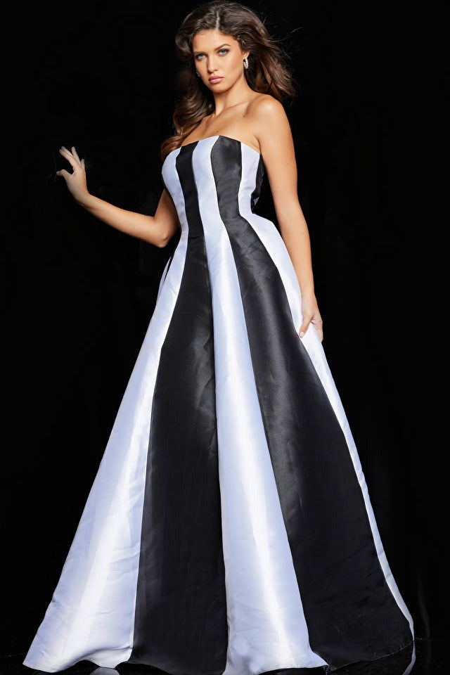 Jovani Evening Gown Jovani 23728 Black Ivory Strapless A Line Gown