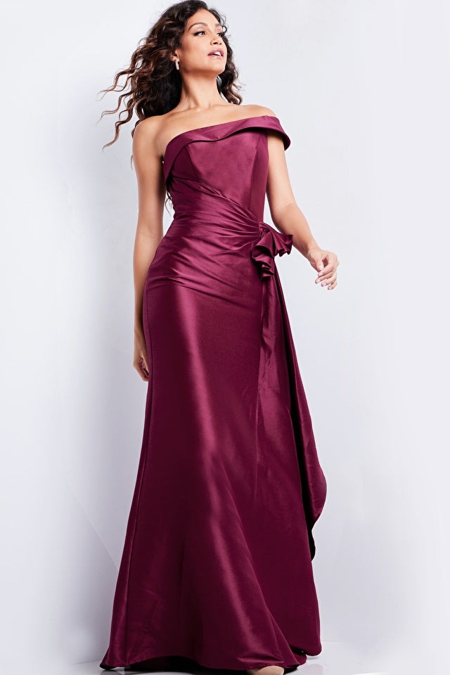 Jovani Evening Gown Jovani 25831 Burgundy One Shoulder Ruched Waist Gown