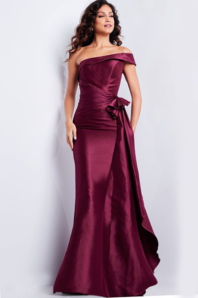 Jovani Evening Gown Jovani 25831 Burgundy One Shoulder Ruched Waist Gown