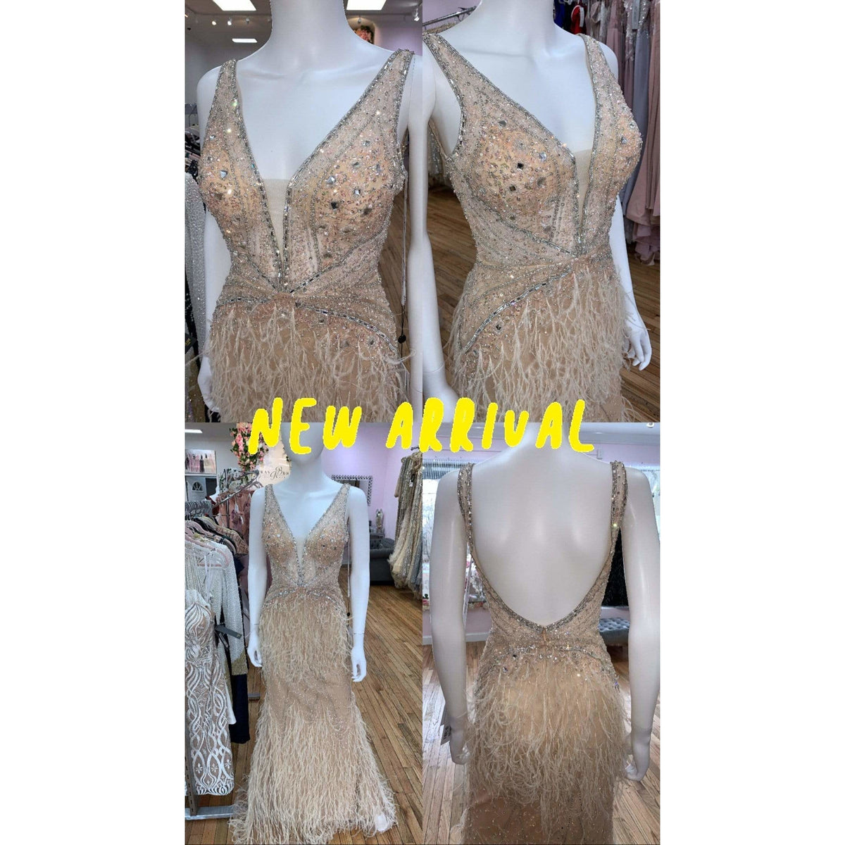 Jovani Evening Gowns Jovani 03023 Sheer Embellished Bodice Feather Prom Dress