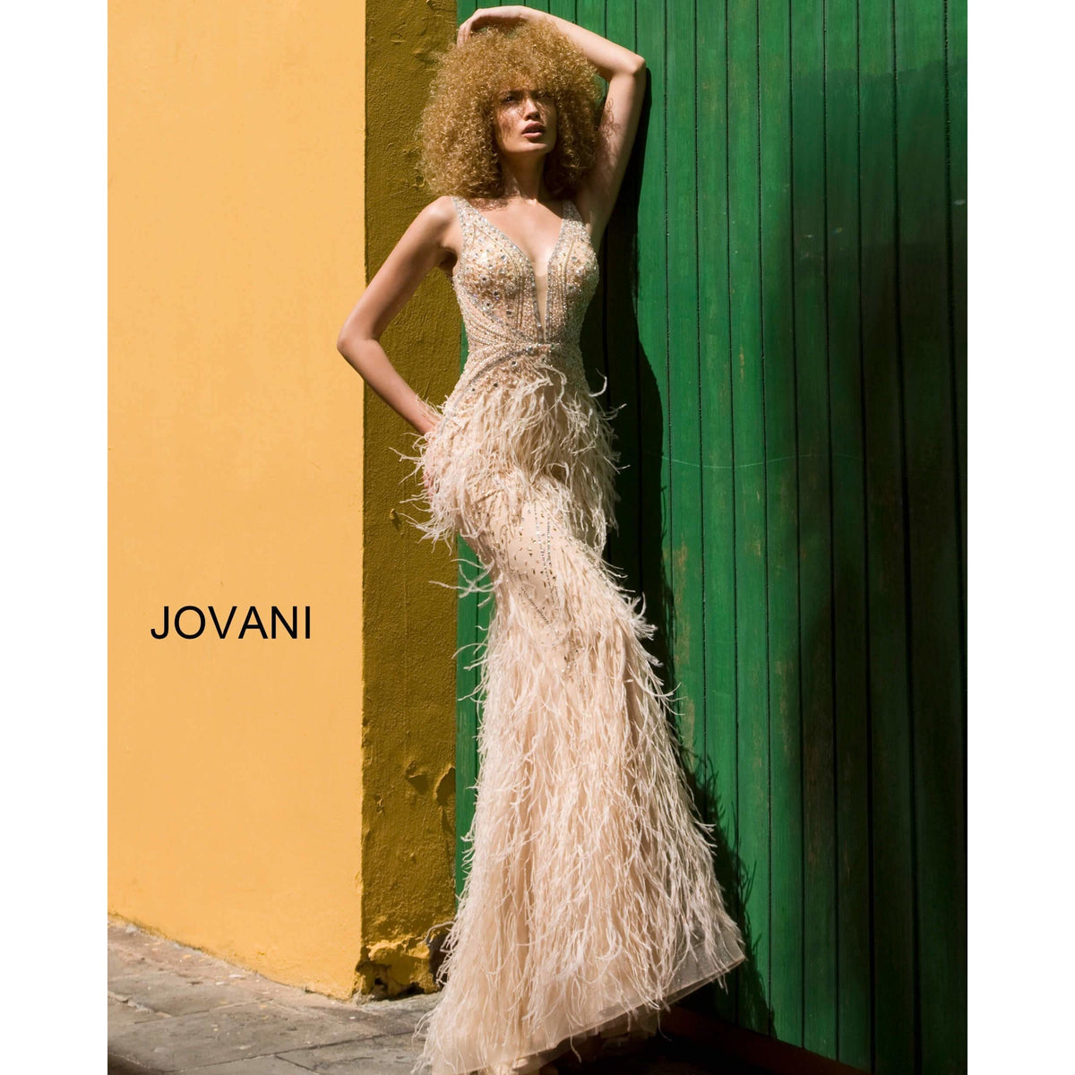 Jovani Evening Gowns Jovani 03023 Sheer Embellished Bodice Feather Prom Dress