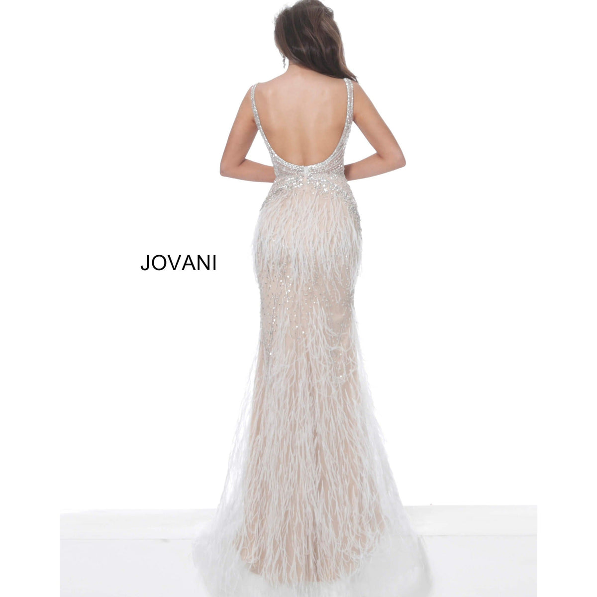 Jovani Evening Gowns Jovani 03023 Sheer Embellished Bodice Feather Prom Dress