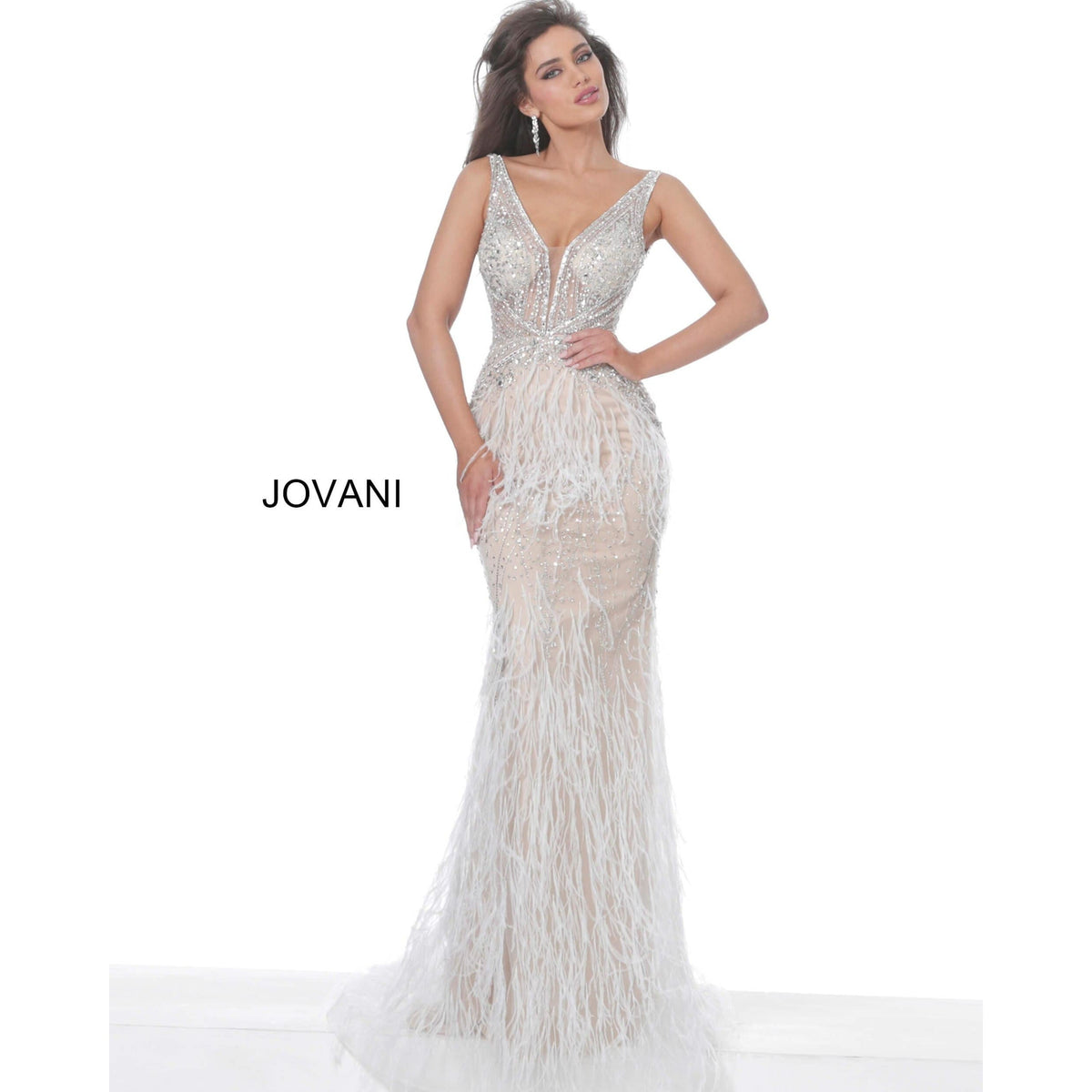 Jovani Evening Gowns Jovani 03023 Sheer Embellished Bodice Feather Prom Dress