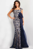 Jovani Evening Gowns Jovani 37203 Navy Nude Embroidered Cap Sleeve Gown