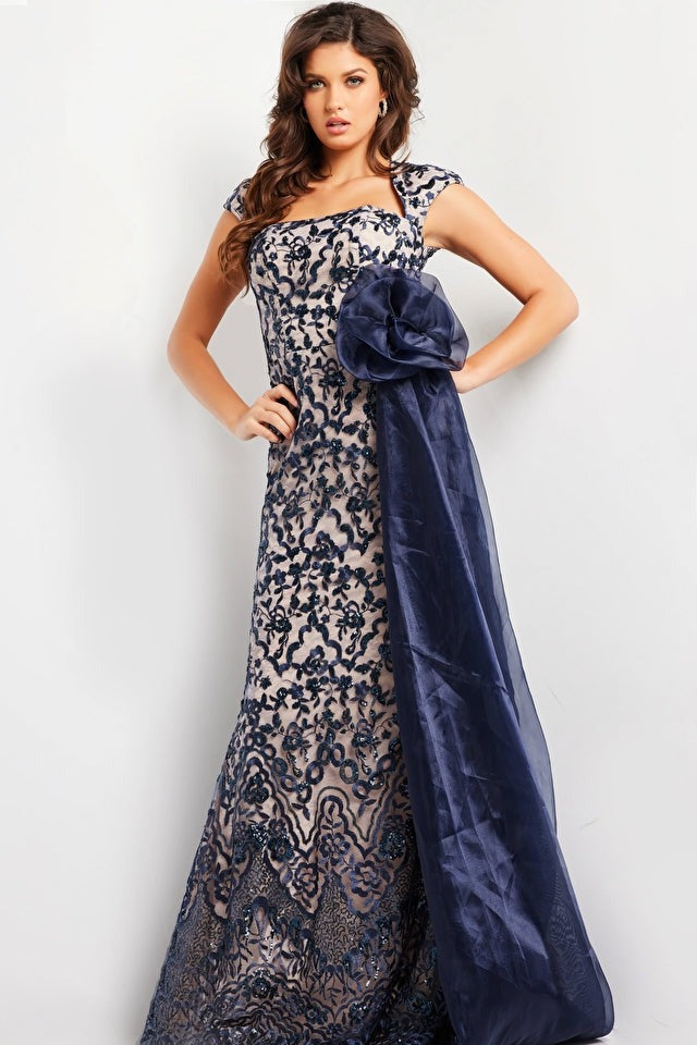 Jovani Evening Gowns Jovani 37203 Navy Nude Embroidered Cap Sleeve Gown