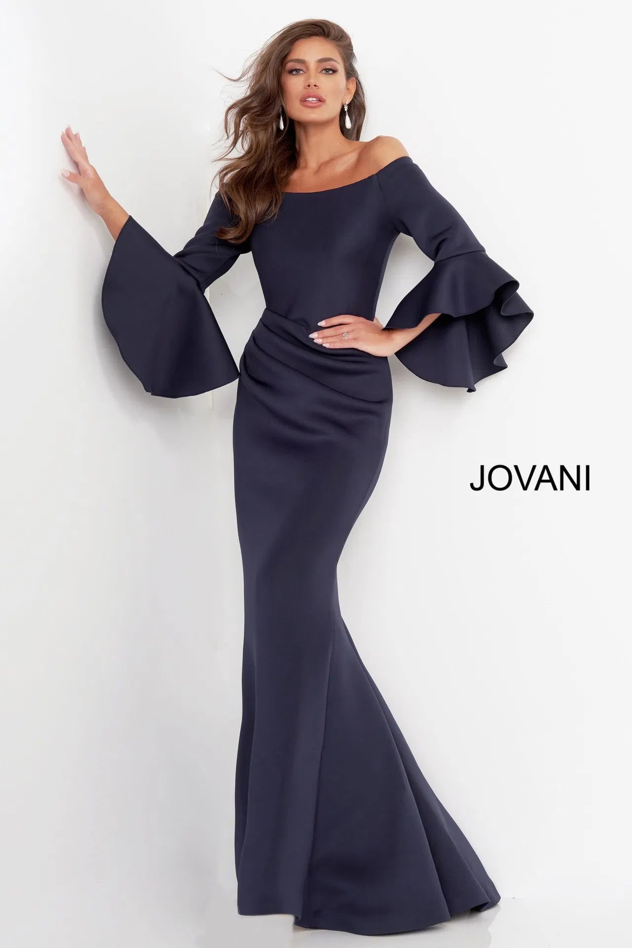 Jovani Evening Gowns Jovani 59993 Scuba Off the Shoulder Bell Sleeves Evening Dress
