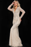 Jovani Jovani 23950 Nude Silver Long Sleeve Beaded Evening Dress