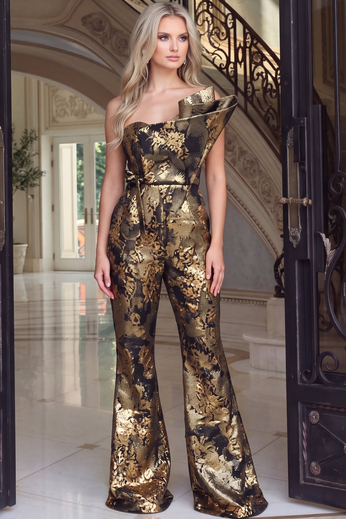 Jovani Jumpsuit 00 / Gold Multi Jovani 49313 One Shoulder Metallic Jacquard Wide Leg Jumpsuit