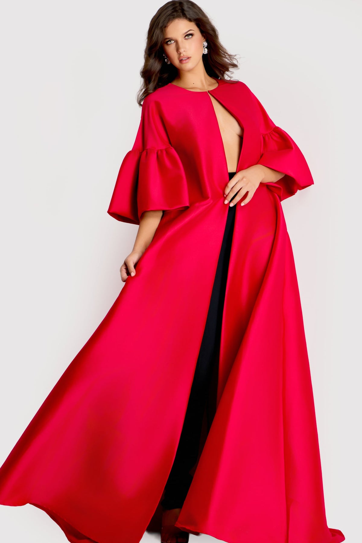 Jovani Mother of the Bride Dress 00 / Black Jovani 42160 Satin Cape Gown With Dramatic Bell Sleeves