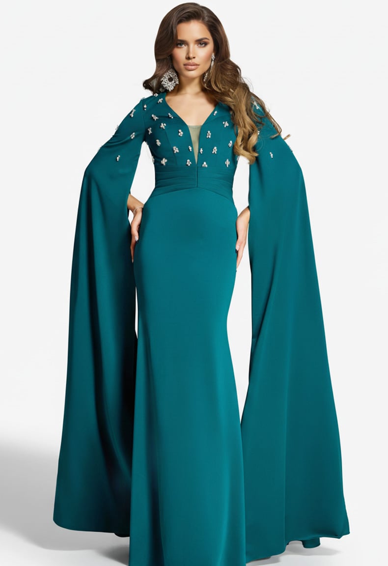 Jovani Mother of the Bride Dress 00 / Champagne Jovani 43830 Embellished Gown With Dramatic Cape Sleeves