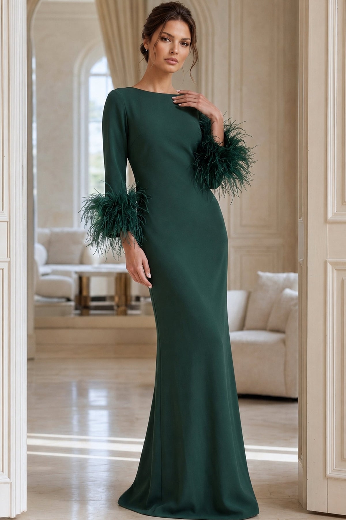 Jovani Mother of the Bride Dress 00 / Hunter Jovani 40200 Elegant Long Sleeve Evening Dress With Feather Cuffs