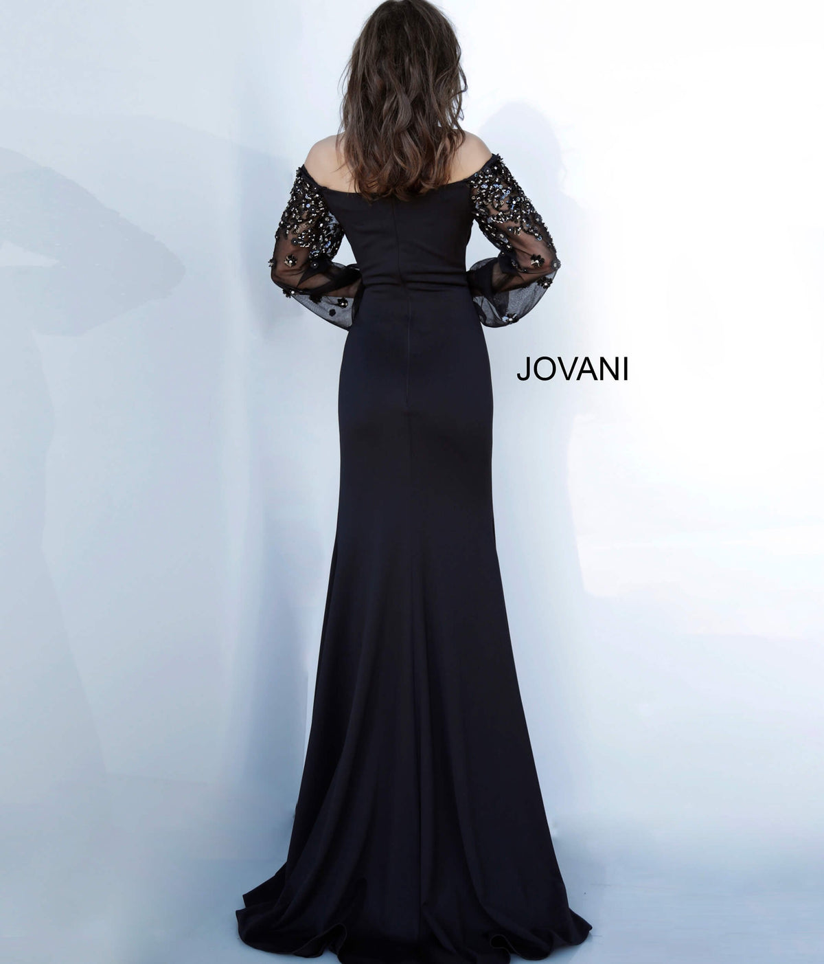 Jovani Mother of the Bride Dress Jovani 1156 Black Long Sleeve Off Shoulder Evening Gown