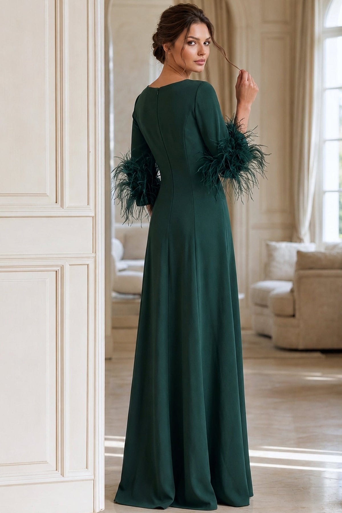 Jovani Mother of the Bride Dress Jovani 40200 Elegant Long Sleeve Evening Dress With Feather Cuffs