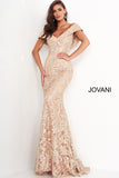 Jovani Mother of the Bride Jovani 02923 Gold Lace V Neck Gown