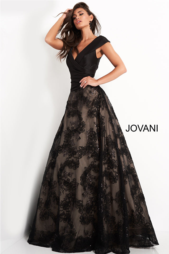 Jovani Mother of the Bride Jovani 03330 Black A Line V Neck Evening Gown